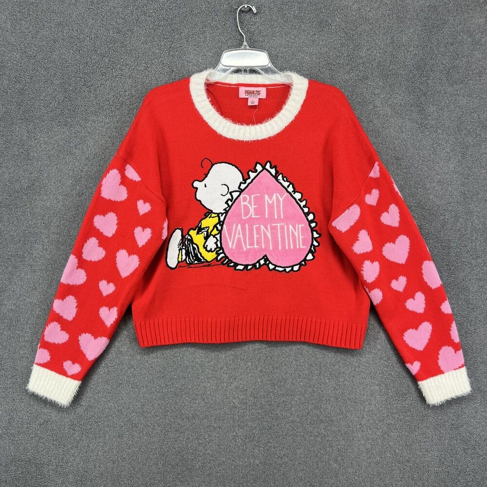Peanuts Snoopy Valentine Sweater Large Red Pink‎ Hearts Embroidered Charlie knit